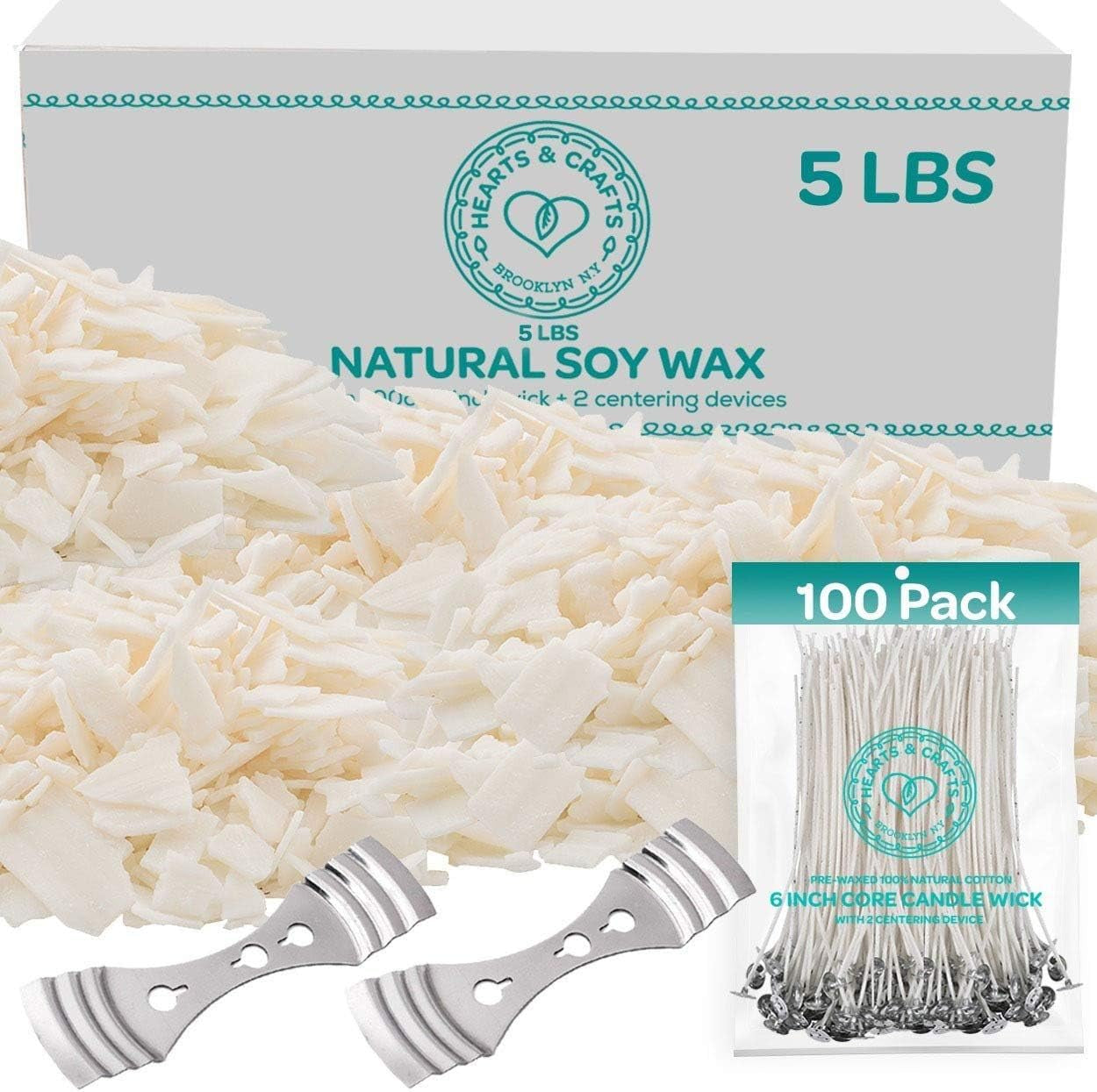 Natural Soy Wax for Candle Making - 2 Lbs Natural Soy Wax - 10 6-Inch Pre-Waxed Candle Wicks, 2 Metal Centering Devices, 2 Lbs Soy Wax Flakes - Candle Wax & Candle Making Wax Supplies