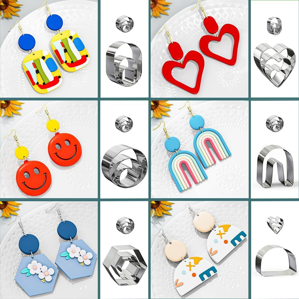 Polymer Clay Earrings Making Kit with 32Pcs Polymer Clay Cutters, 24Pcs Oven Bake Clay, 30 Set Earring Rings&Hooks, Modeling Clay Jewelry Making Kit for Teen Girls