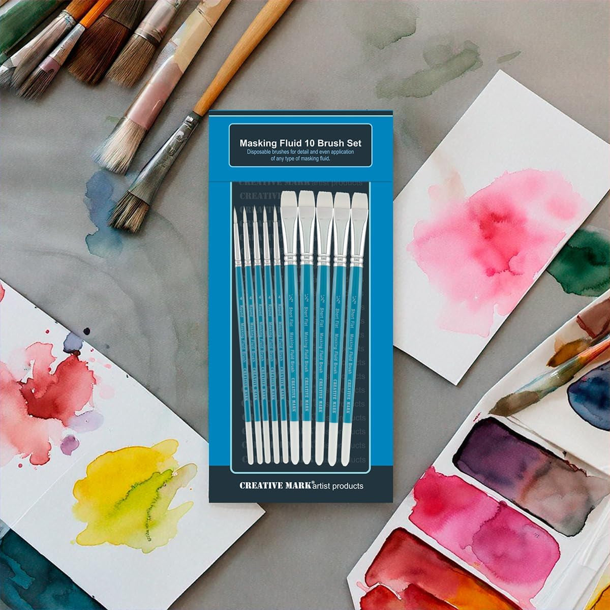 Masking Fluid Paint Brushes (Set of 10) - Watercolor Brushes Contains Synthetic Hair W/Short Wood Handles