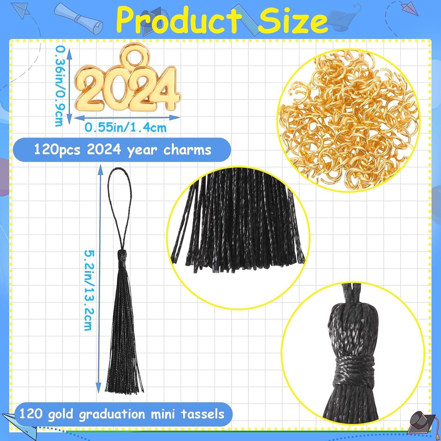 Preschool Graduation Tassels, 120Pcs Mini Graduation Tassels with 120Pcs 2024 Year Charms for Graduation Cap Keychain Jewelry Making, Bookmark Tassels for DIY Crafts Ornaments Project, Black