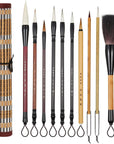 10Pcs Chinese Calligraphy Brushes Set, Painting Writing Brush, Kanji Japanese Sumi Drawing Brushes with Roll-Up Bamboo Brush Holder,Watercolor Art Brushes for Beginners