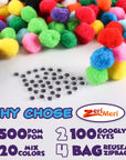 600 Pcs Pom Poms for Crafts - 500 1-Inch round Polypropylene Colorful Craft Pom Poms with 100 Googly Eyes