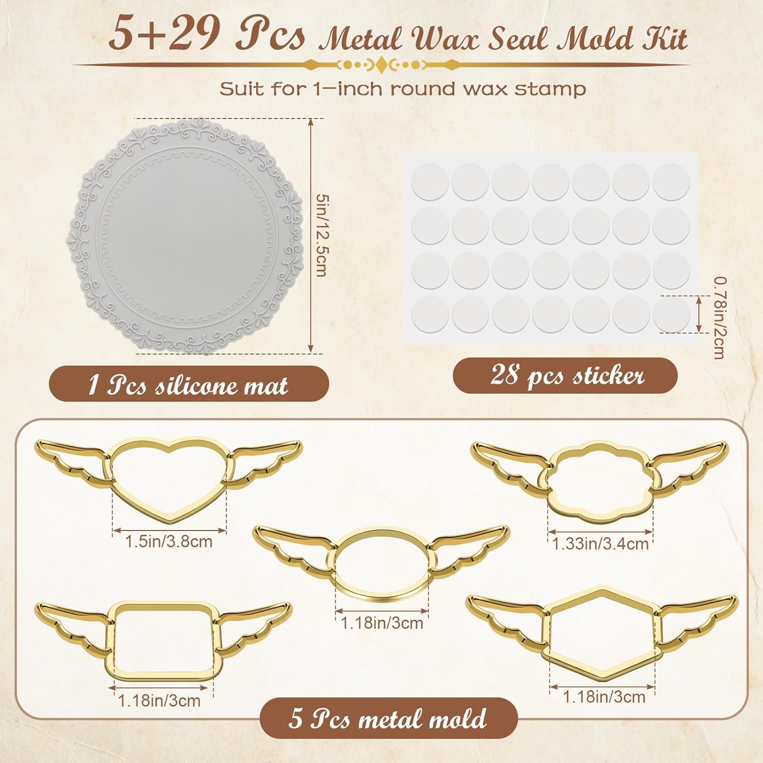 Newest Design 5+29P Metal Wax Seal Mold with Wing,  Gold Wax Seal Stamp Mold round Flower Square Hexagonal Heart Metal Wax Melt Mold with Silicone Mat, 28P Wax Sticker for Envelope Wax Wrapping