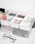 2 Pack 17 QT Plastic Storage Bins with Lids, Art Supply Storage Organizer with Removeable Tray, Clear Storage Box for Craft, Lego, Crayon, Sewing, Bead and Tool, Stackable Craft Organizer