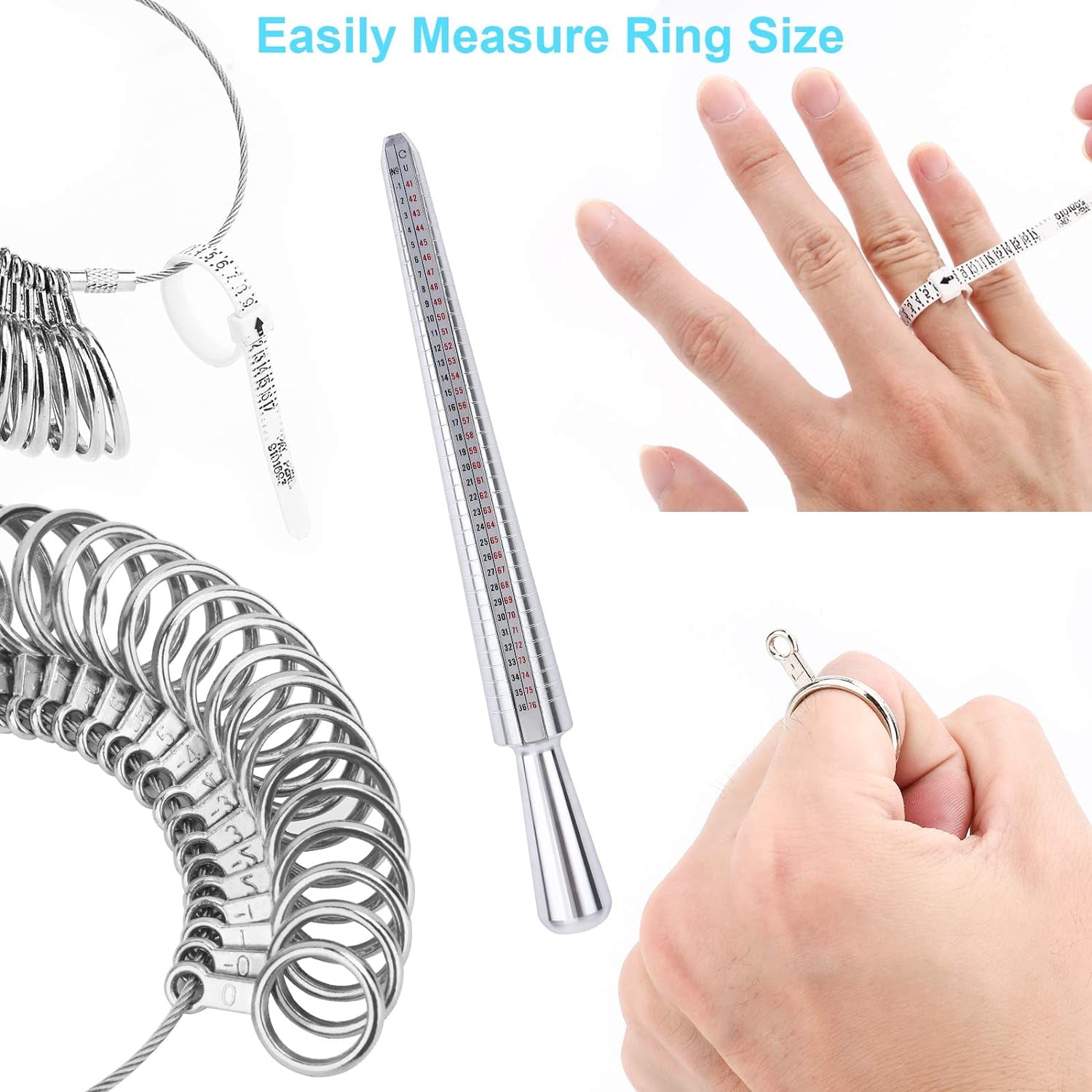 Ring Sizer Measuring Tool, Aluminum Ring Mandrel, 27 Pcs Premium Metal Ring Measurement Tool, Mens Womens Finger Gauge, 4 Sizes Ring Stick, 4 Pcs Polishing Cloth, US Ring Sizing Kit, by