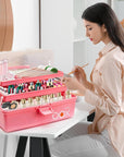 12'' Three-Layer Folding Storage Box, Art Crafts Case,Organization Portable Handled Tool Box for Sewing,Makeup,Tackle,Medical Supply Organizer (Pink)