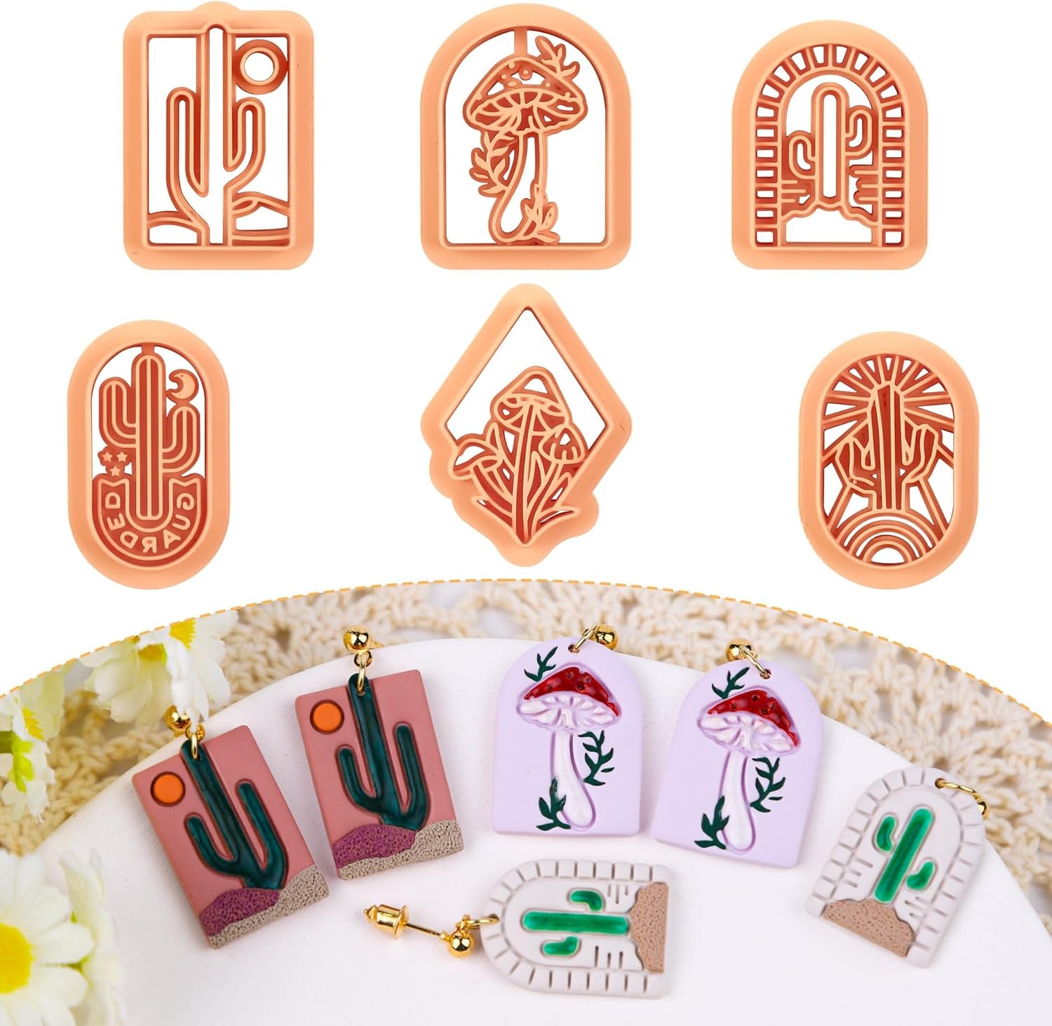 Mushroom Polymer Clay Cutters - 10 Pcs 3D Clay Cutters for Earrings Making, Boho Mushroom Clay Cutters for Polymer Clay Jewelry, Cute Clay Jewelry Cutters Polymer Clay Earring Cutters