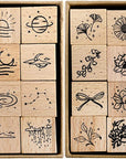 32 Pieces Wooden Rubber Stamp Set, Moon Star Botanical Decorative Wood Stamps for Journal, Diary, Scrapbook, Planner, Letter, DIY Craft, Card Making