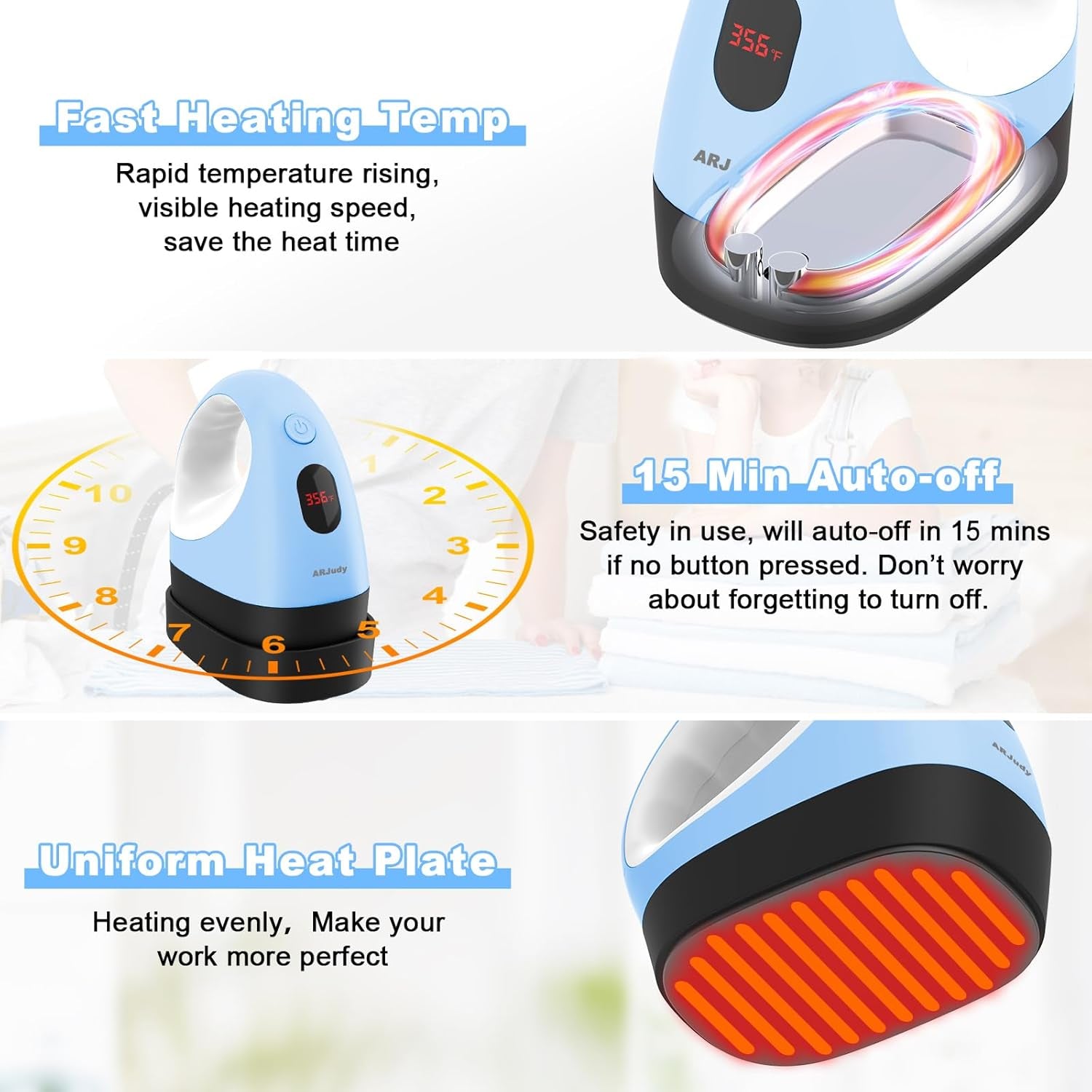 Mini Heat Press Machine, Mini Heat Transfer Iron Press, 3 Heat Settings & Visible Temp, Portable Heat Press Easy for Crafts, T-Shirt, Hats, Shoes, Bags, Cap and Small Vinyl Projects (Blue)