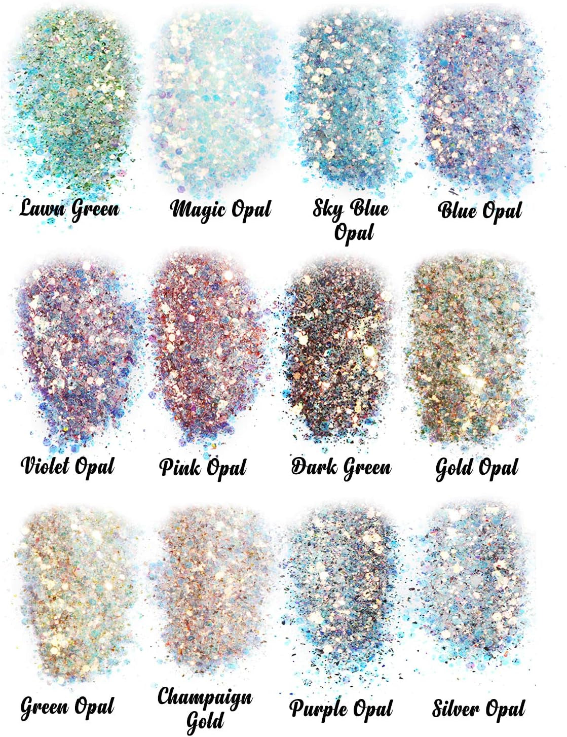 Opal Chunky Glitter for Resin, 12 * 10G Craft Powder for Tumblers/Slime, Iridescent Chameleon Glitter Sequins Festival Decor(Each 0.35Oz)