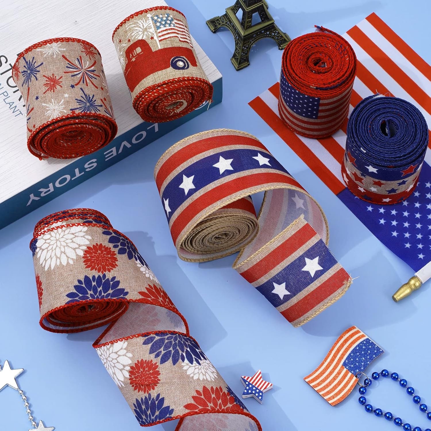 Patriotic Wired Edge Ribbon 36 Yards Red Blue White American Flag Ribbon 2.5 Inch 4Th of July Stars Stripes Fabric Ribbon for Independence Day Memorial Day Wreath DIY Craft, 6 Roll