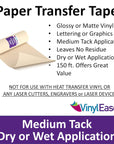 12 Inch X 150 Feet Roll of Paper Transfer Tape with a Medium Tack Layflat Adhesive. Works with a Variety of Vinyl. Great for Decals, Signs, Wall Words and More. V0844