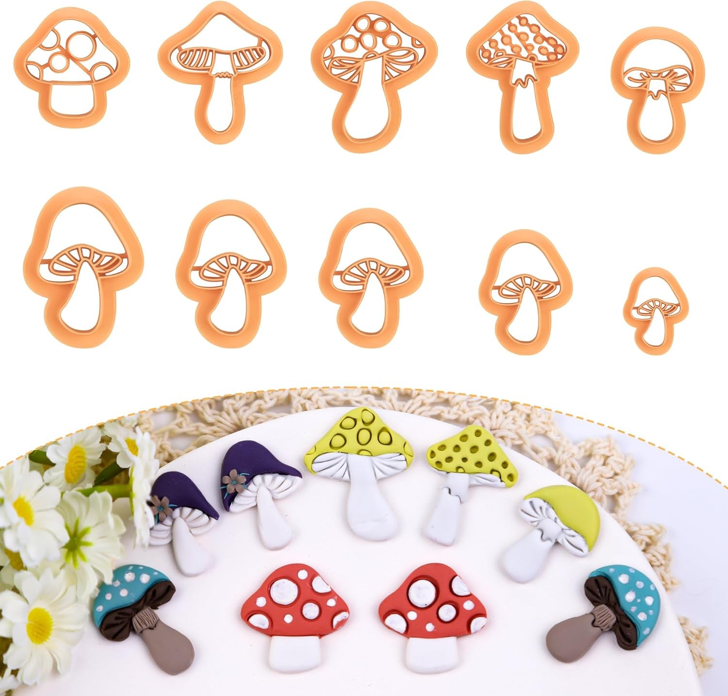 Mushroom Polymer Clay Cutters - 10 Pcs 3D Clay Cutters for Earrings Making, Boho Mushroom Clay Cutters for Polymer Clay Jewelry, Cute Clay Jewelry Cutters Polymer Clay Earring Cutters