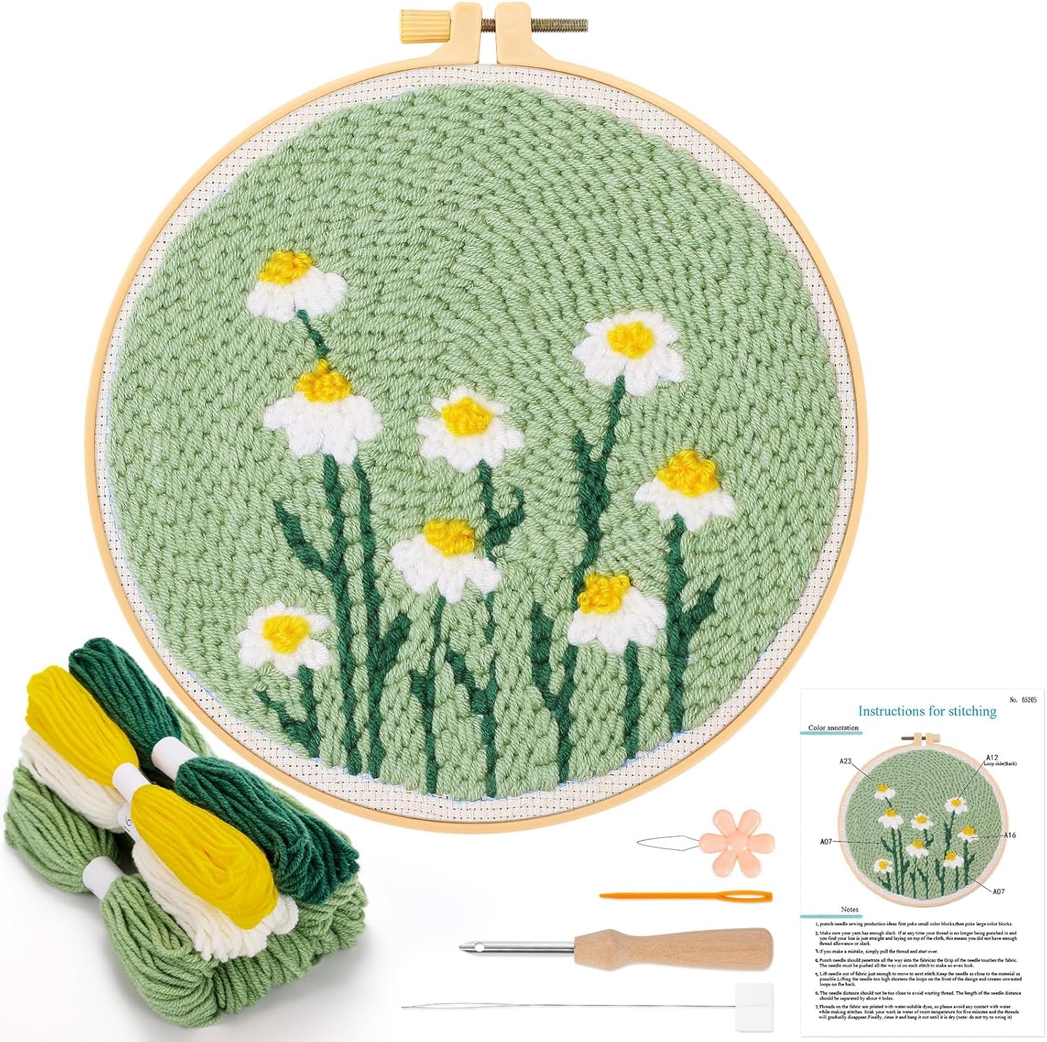 Punch Needle Embroidery Starter Kits,Rug Hooking Kit for Kids and Adults Beginners,Handcraft Punch Needle Kits with Embroidery Hoops,Flowers and Plants Pattern