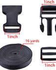 1 Inch 16 Yards Polypropylene Webbing Strap Band with 16 Set 1Inch Side Release Plastic Buckles, Black