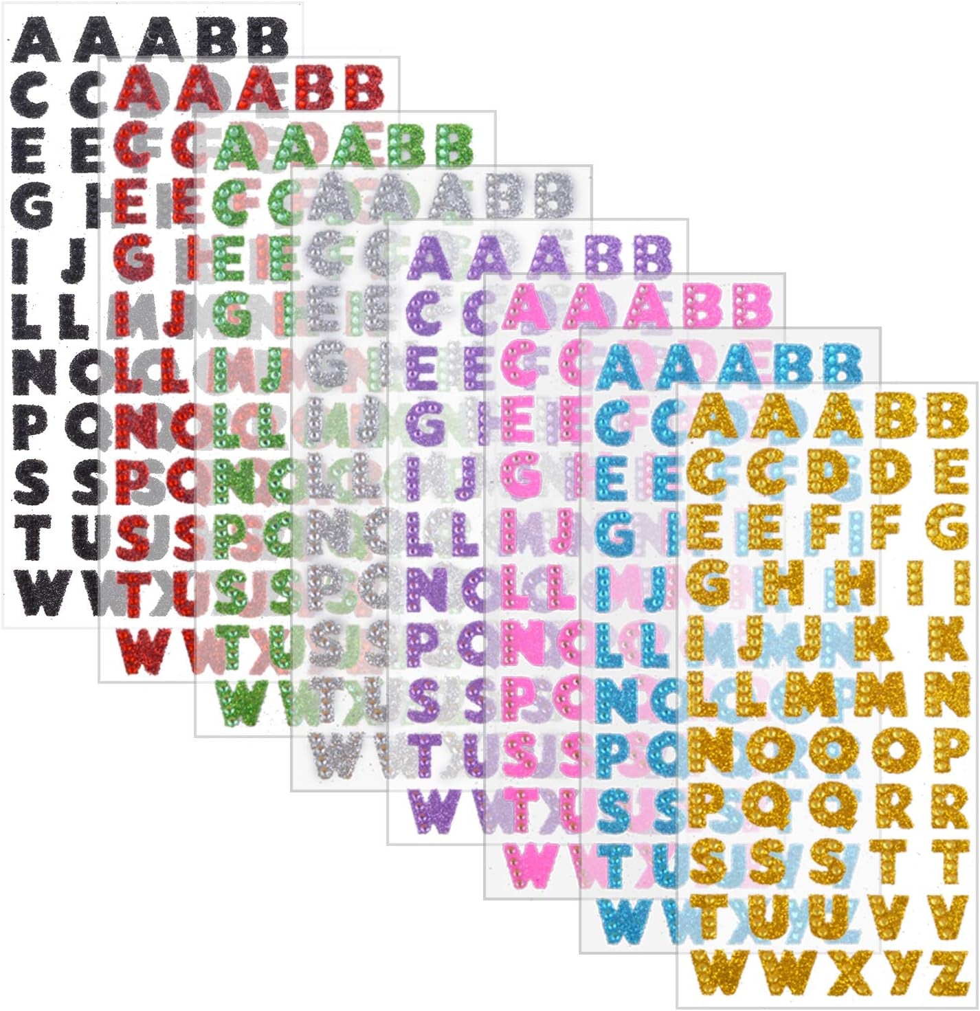 Self Adhesive Glitter Alphabet Stickers, 8 Sheets Glitter Crystal Rhinestones Alphabet Letter Stickers a to Z Letter for Grad Cap and Handicraft Art - 8 Colors