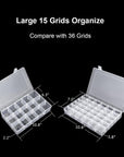 Large 15 Grid Clear Organizer Box Adjustable Dividers - Plastic Compartment Storage Container for Washi Tapes, Craft, Beads, Jewelry, Small Parts