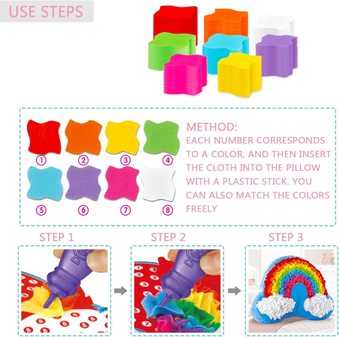 Plush Craft Rainbow Pillow, Fabric by Number Art & Crafts, No Sewing, Making Your Own DIY Rainbow Pillow, Kids Project, Learning Fun, Ages 5+