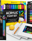 Complete Acrylic Paint Set – 12Х Rich Pigment Colors & 6X Art Brushes - Includes 3 Paint Canvases, Palette Knife & Sponge - Perfect for Canvas, Clay, Ceramic - Non-Toxic, Great for Kids & Adults
