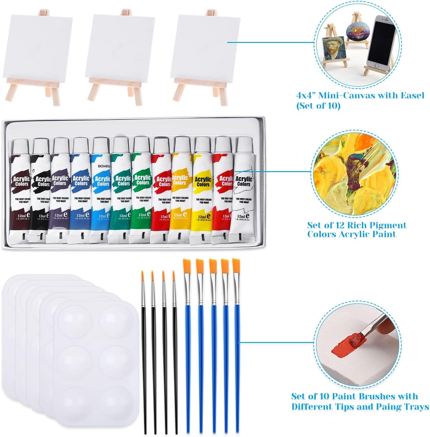 Mini Canvas and Easel,  47 Pieces Mini Canvas Painting Set Includes 4X4 Inches Primed Canvas, Mini Easel, Acrylic Paint, Paintbrushes and Palette for Kids Artists Art Party