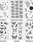 6 Sheets Clear Stamp Silicone Stamp Cards with Greeting Words, Flowers, Leaves, Butterflies, and Moons Pattern for Thanksgiving Christmas Holiday Card Making and DIY Scrapbooking Journaling
