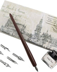 Dip Pen for Drawing with Ink - Antique Wooden Calligraphy Kits for Beginners with 6 Replaceable Nibs