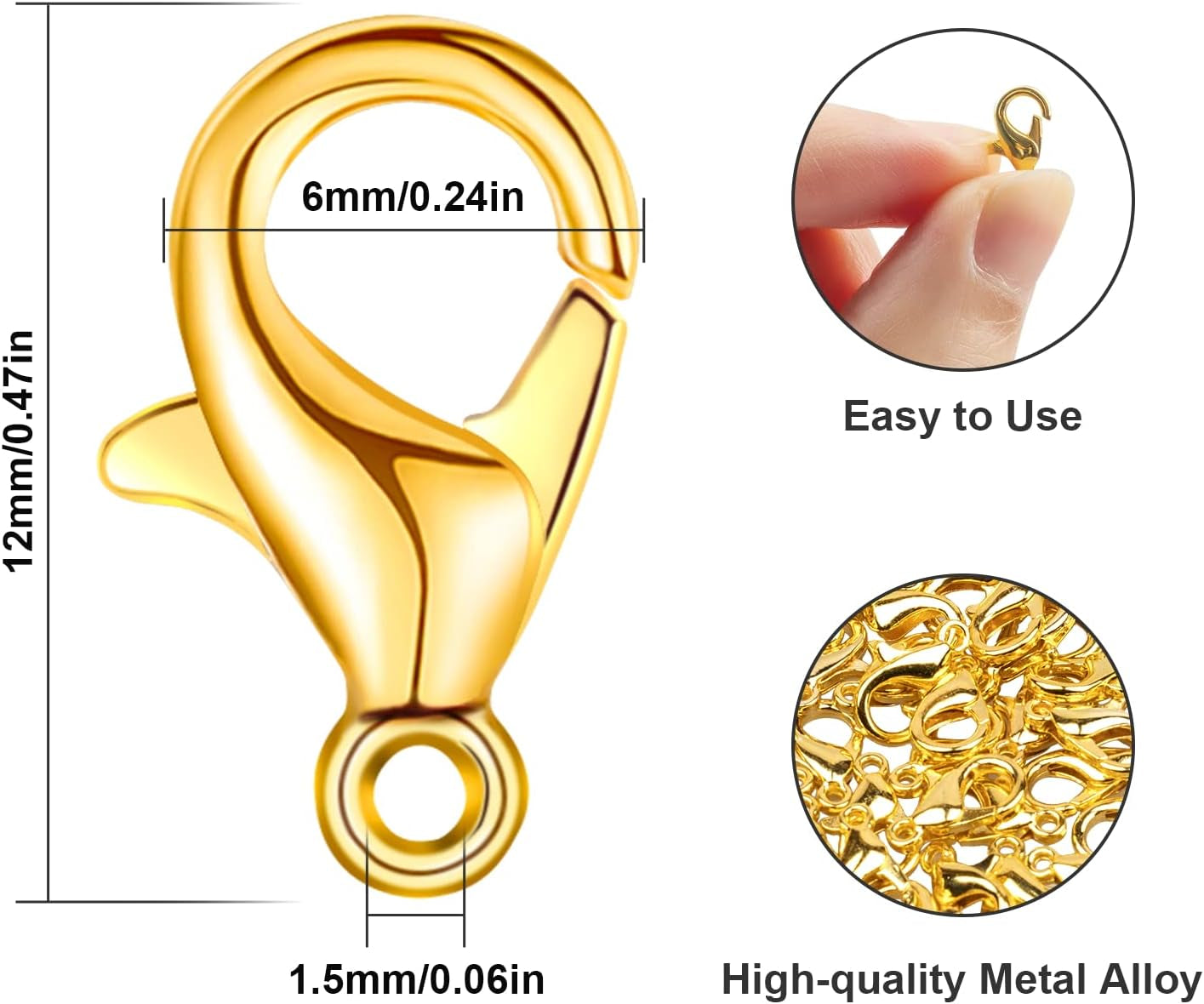 Lobster Clasps, 100Pcs Gold Lobster Claw Clasps for Handmade Necklace, Bracelet Jewelry Making Accessories Fastener Hook(12Mmx6Mm)