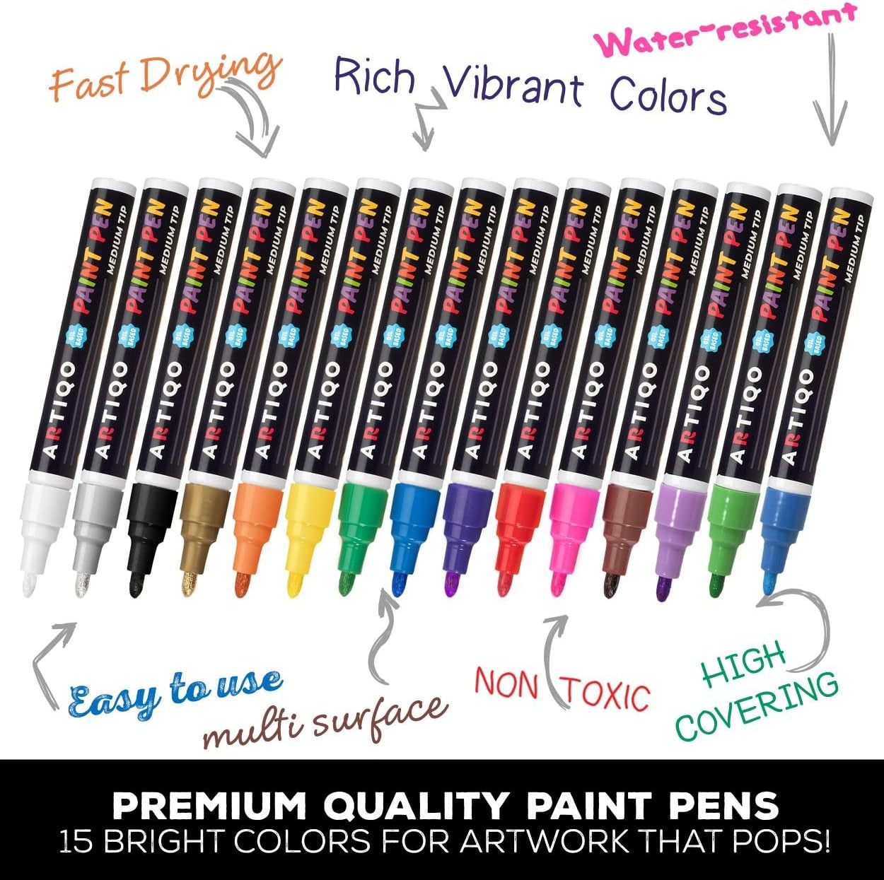 Paint Pens for Rock Painting - Wood, Glass, Metal and Ceramic Works on Almost All Surfaces Set of 15 Vibrant Medium Tip Oil Paint Marker Pens, Quick Dry, Water Resistant