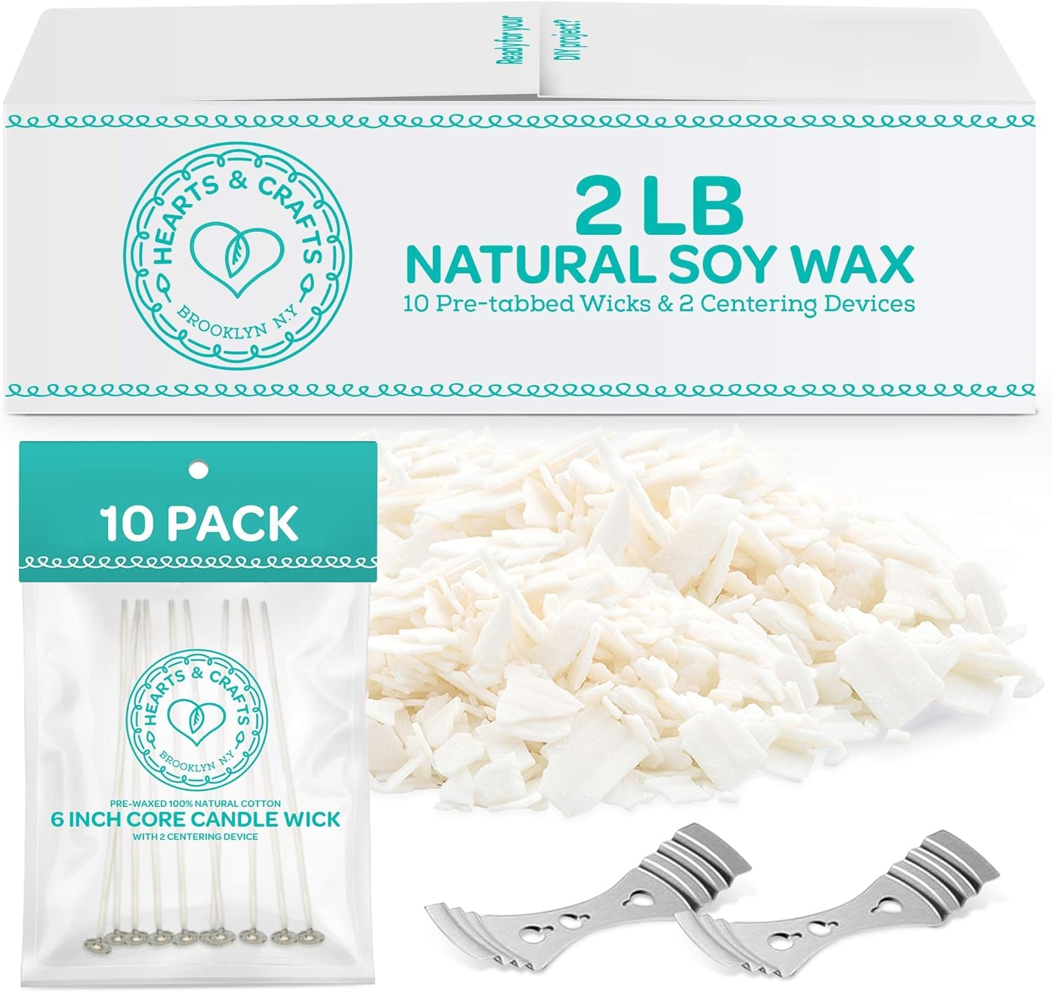 Natural Soy Wax for Candle Making - 2 Lbs Natural Soy Wax - 10 6-Inch Pre-Waxed Candle Wicks, 2 Metal Centering Devices, 2 Lbs Soy Wax Flakes - Candle Wax & Candle Making Wax Supplies