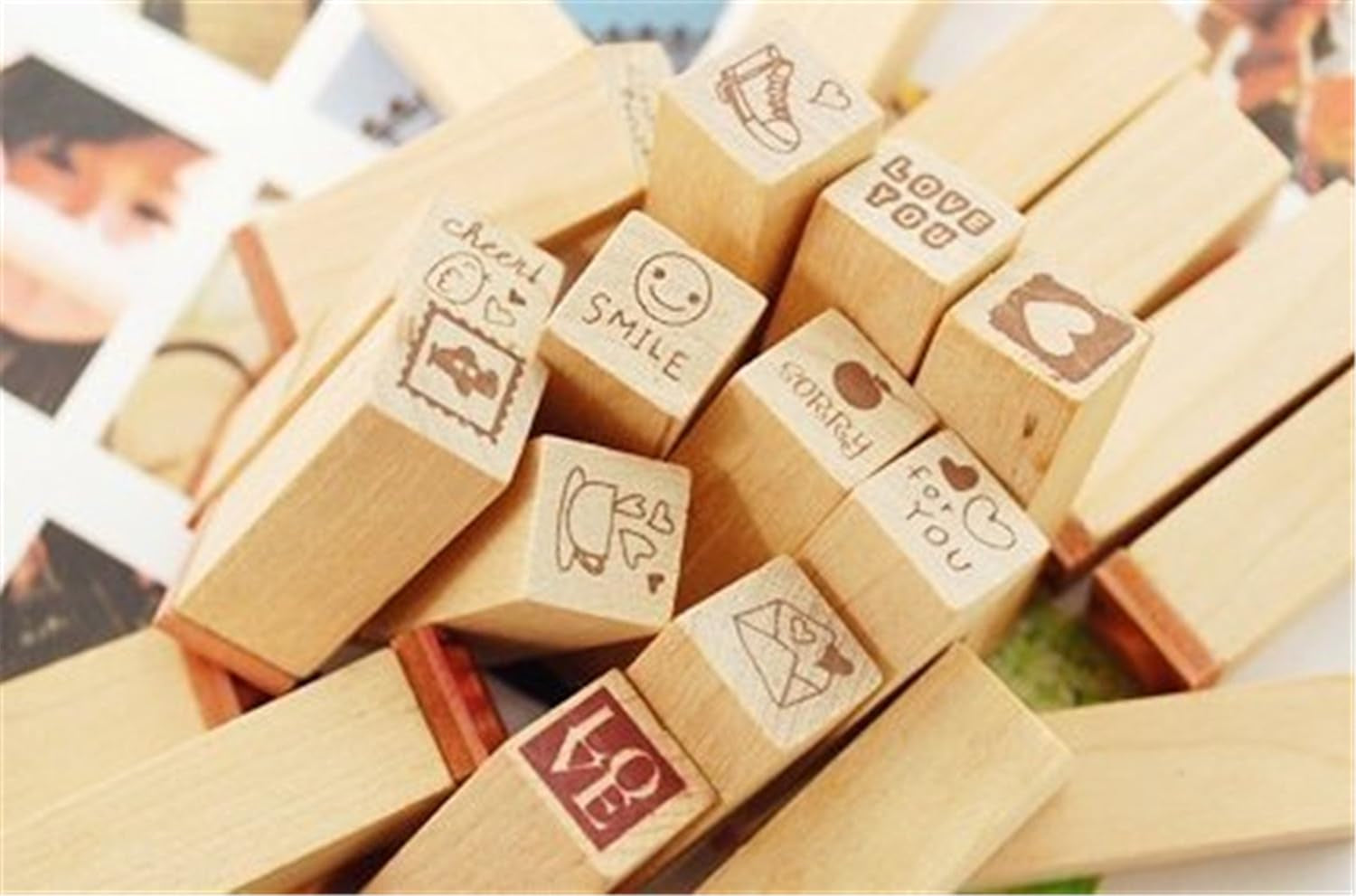 Pack of 25 Pcs Small Heart Shape Wooden Rubber Stamps with Box for DIY Craft Card and Photo Album (Red)