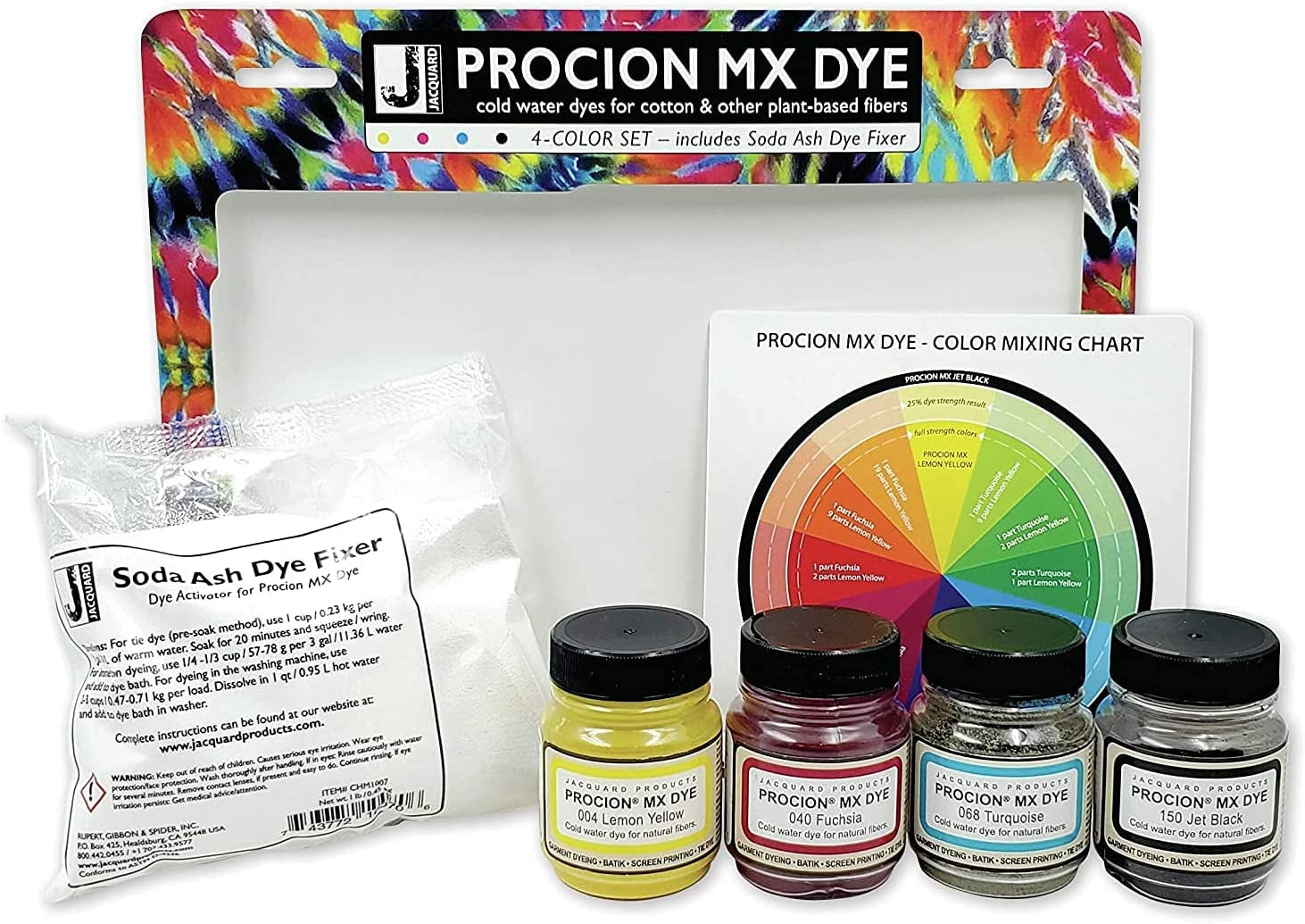Procion Mx Dye 4 Color Set with Soda Ash and Color Mixing Chart - Lemon Yellow - Fuchsia - Turquoise - Jet Black