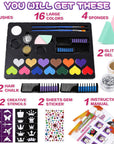 Face Painting Kit for Kids, 15 Colors Non-Toxic Water Based Face Paint Kits, Brushes Sponges Glitters Gem Sheet Stencils Hair Chalk Halloween Makeup Kit Professional Kids Face Paint Kit