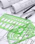 11 Piece Geometric Drawing Template Measuring Ruler, Transparent Green Plastic Ruler with Portable Plastic Bag For, for Studying, Designing and Building