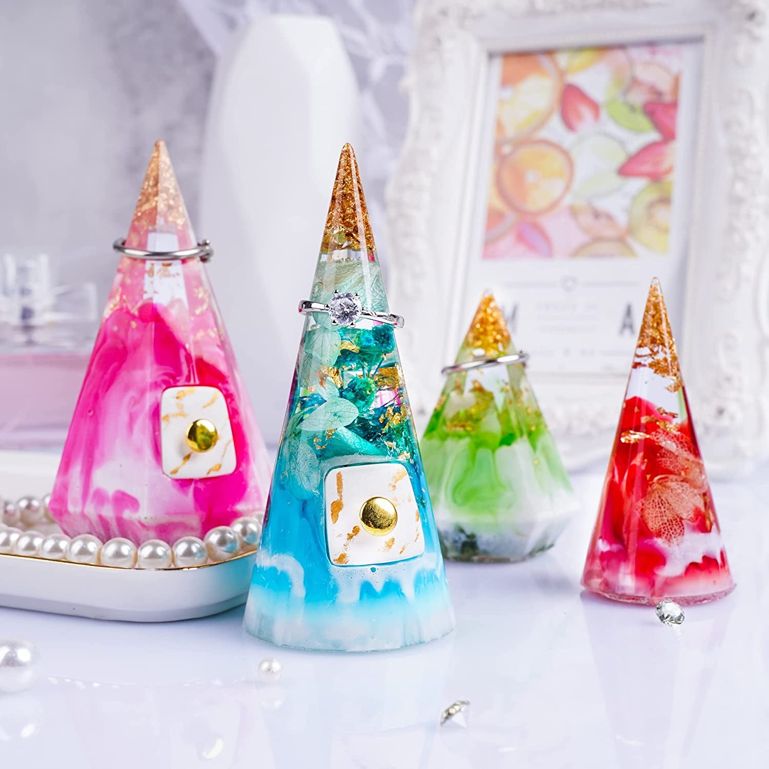 Ring Cone Resin Molds,4 Pcs Ring Holder Silicone Molds for Epoxy Resin, Ring Cone Pyramid Silicone Resin Molds for DIY Ring Stand, Ring Jewelry Display Stand, Wedding Gift