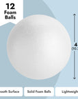4 Inch Foam Balls for Crafts - 12 Pack round White Polystyrene Spheres for DIY Projects, Ornaments, School Modeling, Drawing