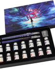 Glass Dip Calligraphy Pen Set, 18-Pieces 14 Color Inks, Pen Holder, Cleaning Cup, 2 Crystal Glass Pens for Art, Writing, Drawing, Signatures, Gift for Kids and Artist