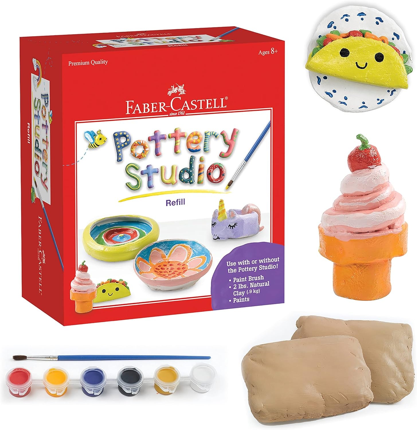 Pottery Studio Refill Kit - 2 Lbs. of Natural Air-Dry Pottery Clay, 6 Paint Pots and Paintbrush, Clay Making Kit for Kids