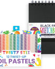 Twisty Stix, 12 Pack of Oil Pastel Crayons for Kids & Black Sketchbook, Twisting Oil Pastels for Kids Make Less Mess than Non Twistable Crayons or Paint Sticks, Great for Toddler Artists