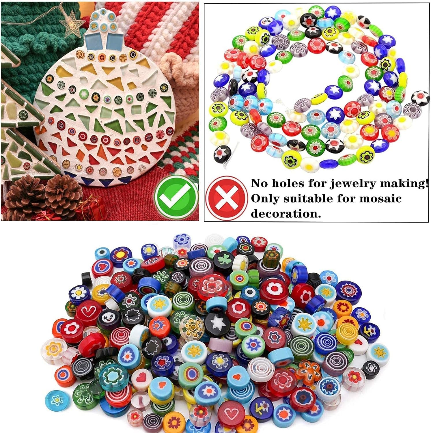 Millefiori Glass Mosaic Tiles for Crafts, Mosaic Glass Pieces,No-Hole Millefiori Glass Beads, Mosaic for Christmas Ornaments,Mosaic Jewelry