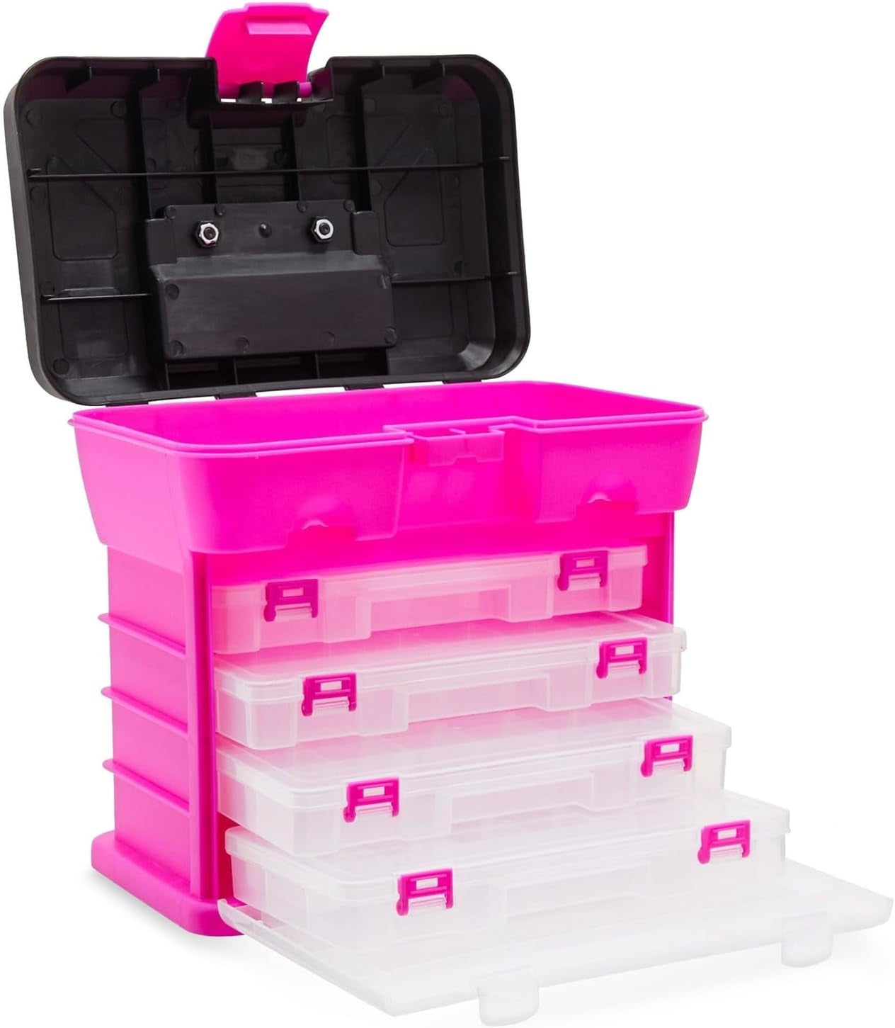 Pink Tackle Box for Women, 4 Drawer, 13 Compartment Tool Storage Organizer for Crafts, Dolls, Nail Kits, Sewing (10 X 10 Inches)