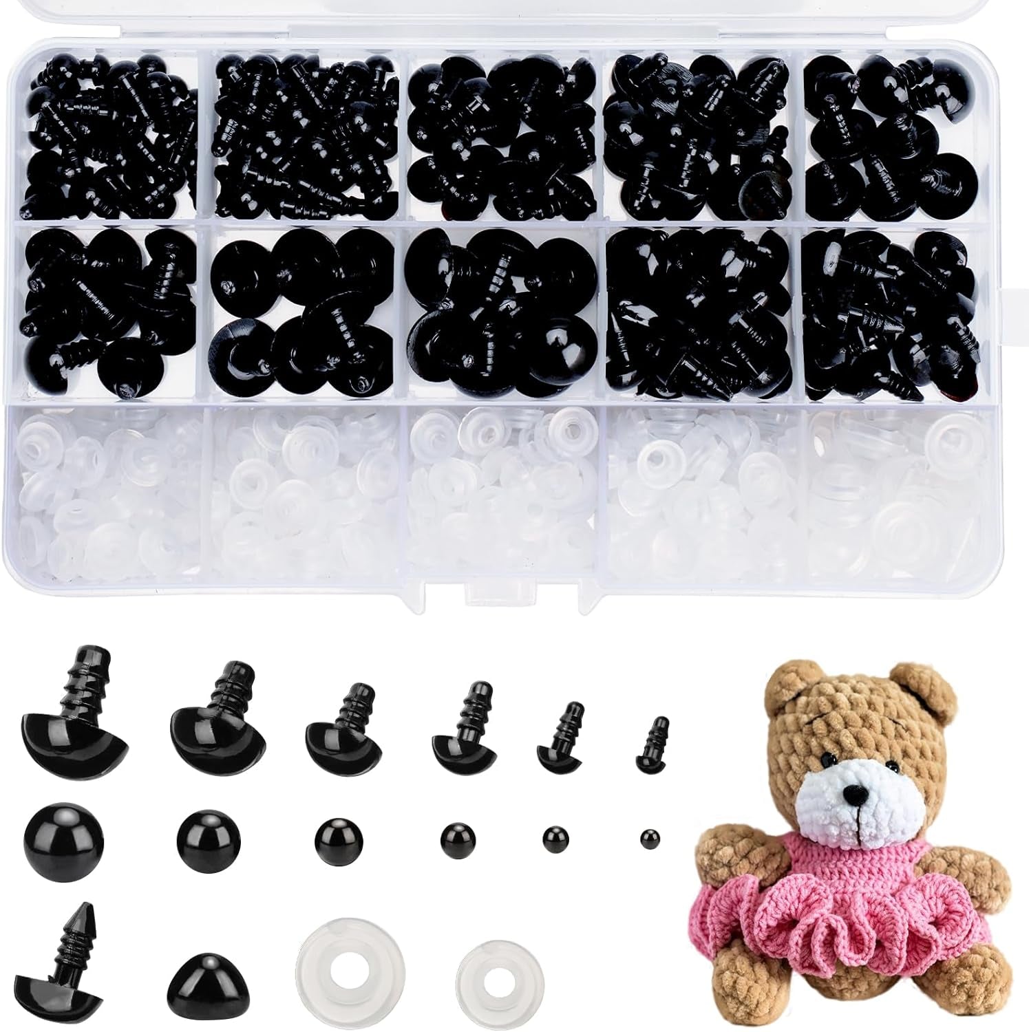 Safety Eyes and Noses for Amigurumi, Craft Doll Eyes, Black Stuffed Crochet Eyes with Washers for Teddy Bear and Crochet Stuffed Animals