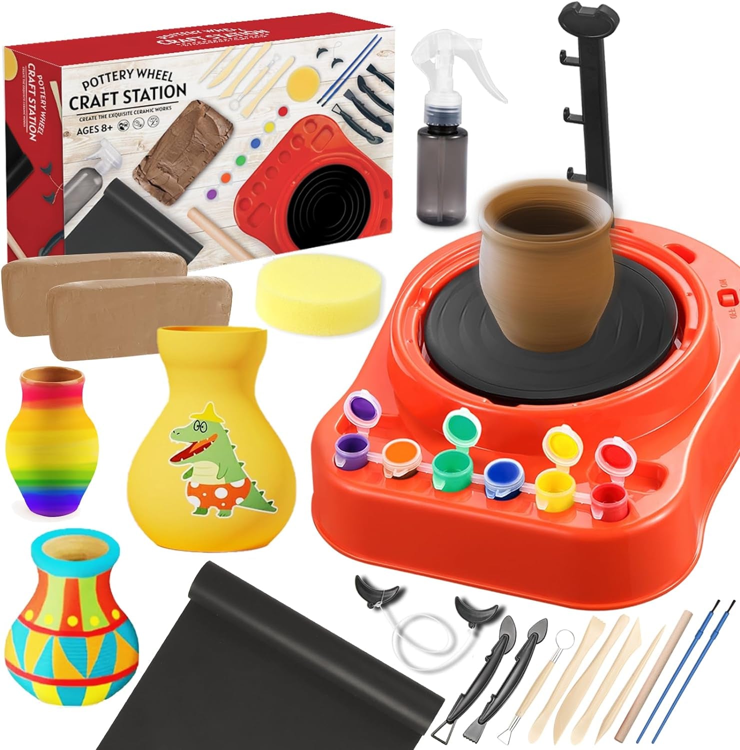 Pottery Wheel for Kids - Complete Pottery Kit for Beginners, Upgraded Sculpting Clay Tools, Air Dry Clay & Arts Supplies, Mini Pottery Wheel Crafts Kits for Kids Girls Boys Ages 8-12