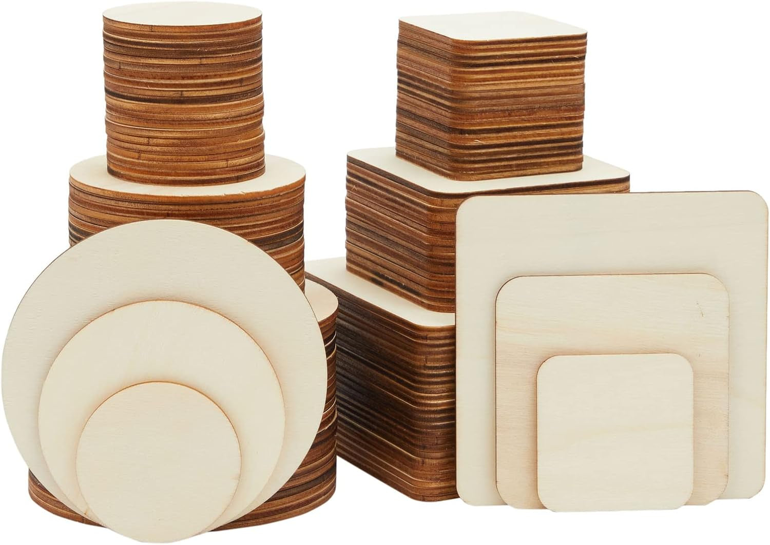 Set of 130 Unfinished Wooden Squares and Circles for Wood Burning Projects, DIY Crafts (3 Sizes/Shape)