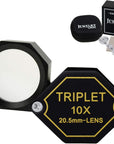 10X Magnifier Jewelry Loupe 20.5Mm Triplet Lens Optical Glass Pocket Gem Magnifying Tool for Jeweler, Stamp Philatelist, Coin Numismatic, Achromatic Black Hexagonal Design Kit Set