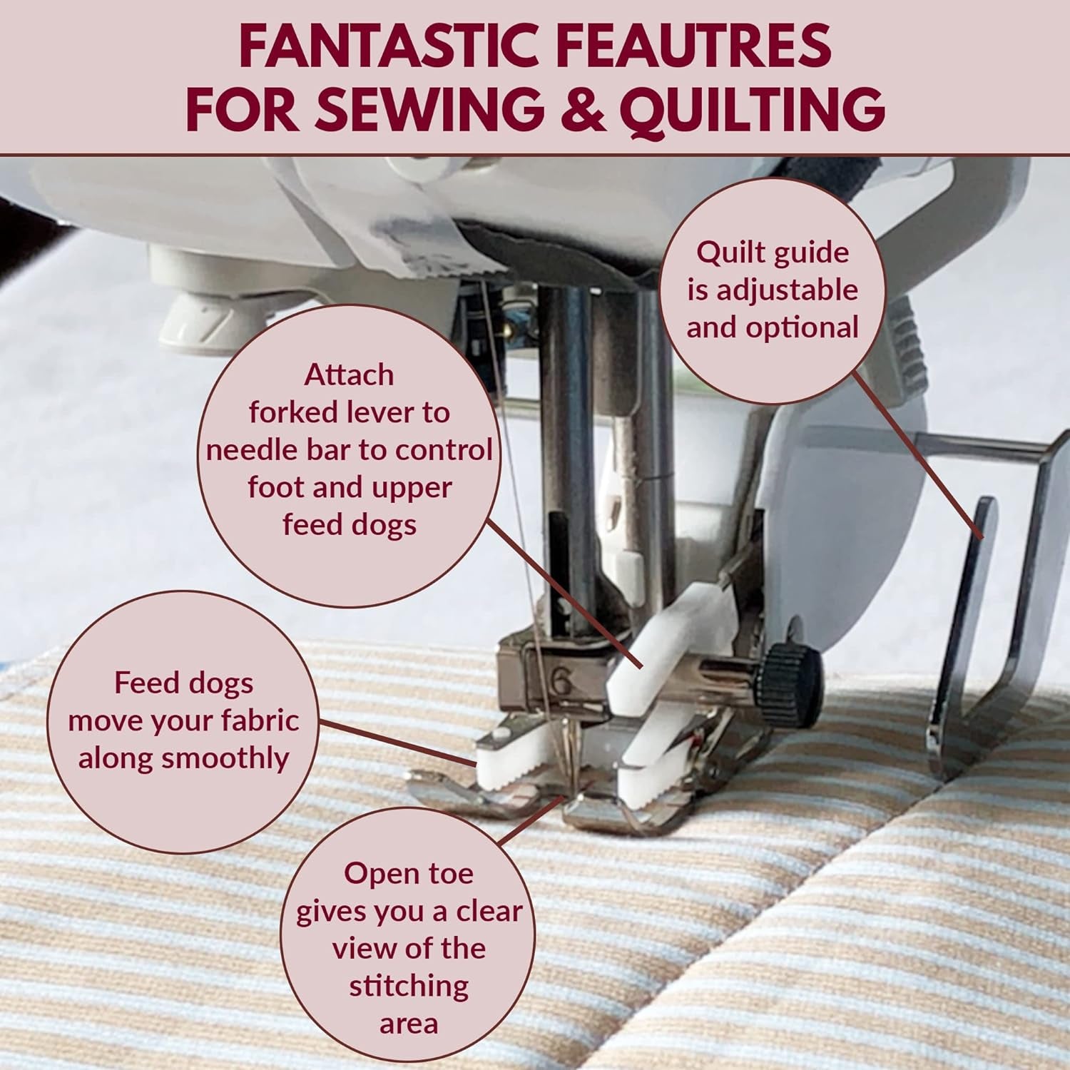 Open Toe Walking Foot for Quilting and Sewing | Stitch through Multiple Layers & Match Prints | Compatible with Most Low-Shank Sewing Machine Models | Brother, Singer, Janome, Babylock, More