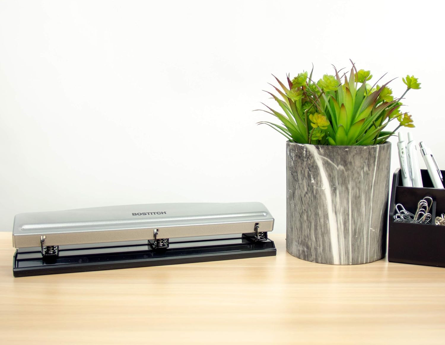 Office Premium 3 Hole Punch, 12 Sheet Capacity, Metal, Rubber Base, Easy-Clean Tray, Silver