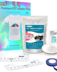 DTF Transfer Film and DTF Powder Set, Direct to Film Starter Kit Contains 20 Sheets A4 PET Film, 8.8 Oz Hot Melt Powder, 45 Ft Recognition Tape, 2Pcs T-Shirt Ruler Guide for Printing on T-Shirts