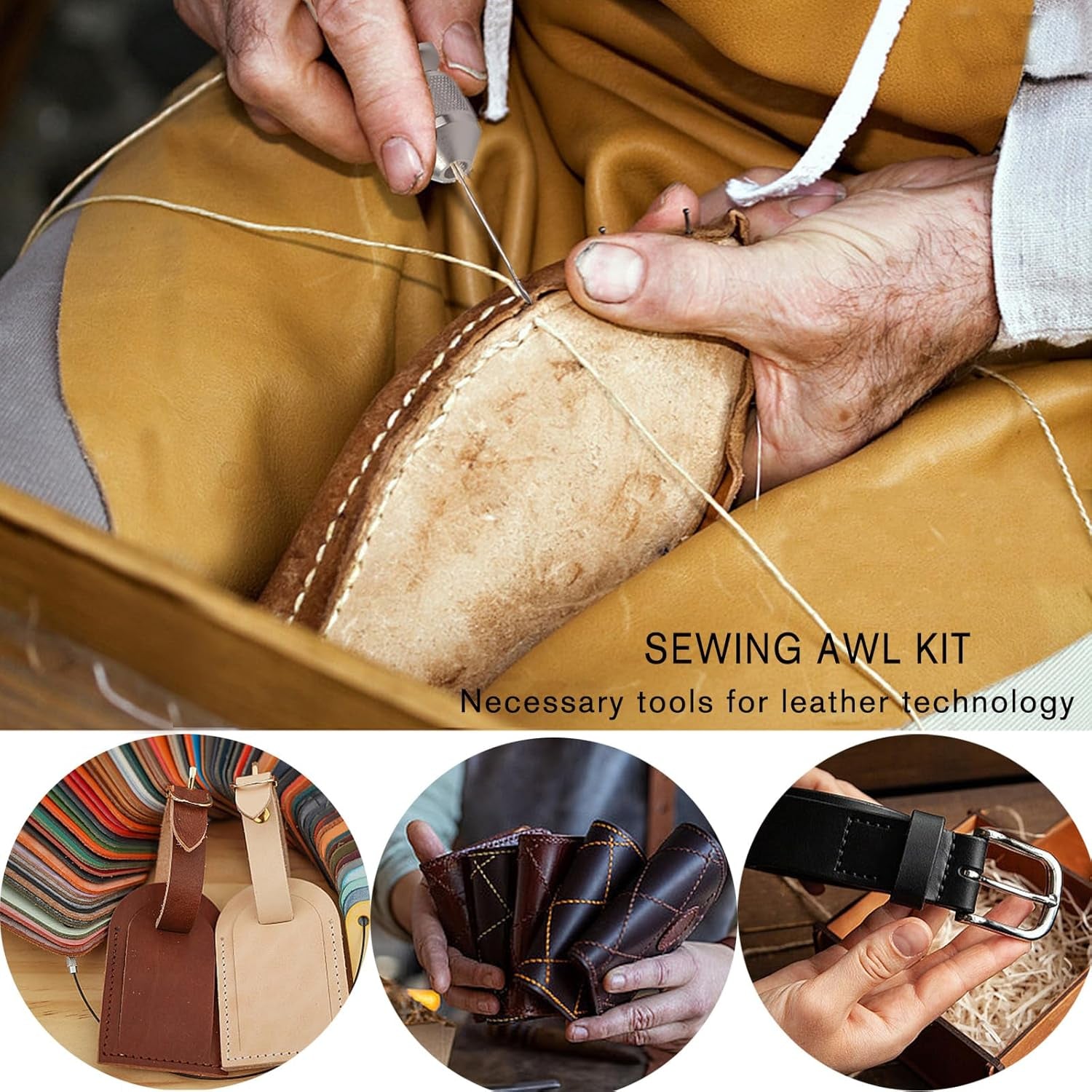 Professional Sewing Awl Kit, Portable Leather Sewing Awl Thread Kit with Straight Bent Needles Rolls Waxed Threads Small Screwdriver Yarn Scissors Needle Threader Tape Measure for DIY Craft