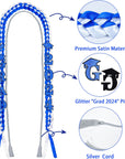 2024 Graduation Ribbon Lei and Honor Cord Braided Necklace - Blue White Handmade Long Grad Satin Lei with Glitter "2024 GRAD" Pins for Class of 2024 Women Men High School College Grad Party Supplies