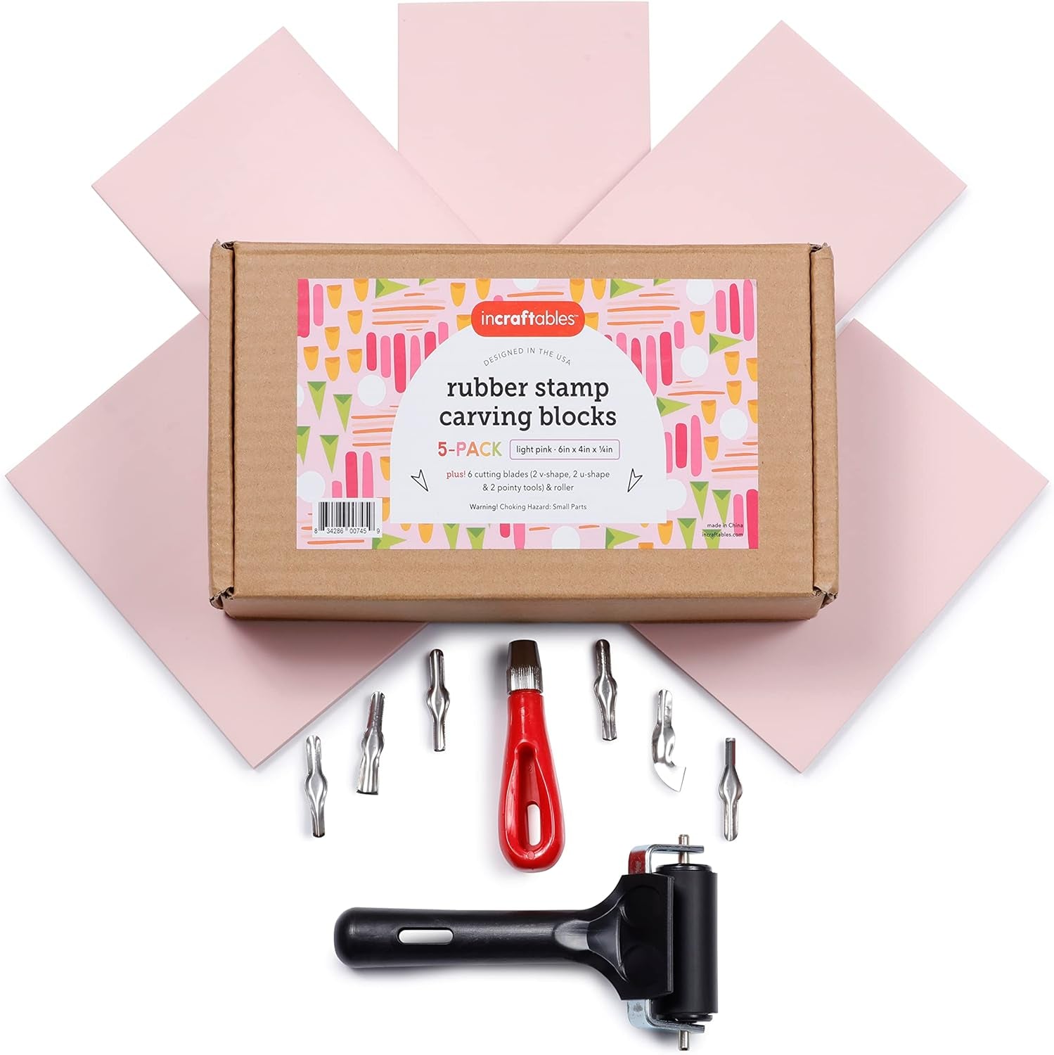 Rubber Stamp Kit (5-Pack). Linoleum Block Kit with Cutting Blades Tools (6Pcs). Block Printing Kit (6In X 4In X ¼ In) Light Pink Color. Best Carving DIY Stamp Making Kit for Printmaking